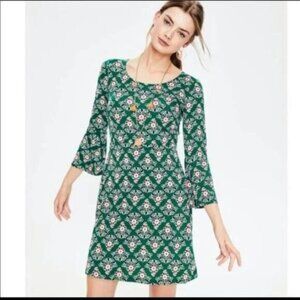 Boden Miriam Stretch Jersey Tunic Dress Green Floral Bell Sleeve US 8R